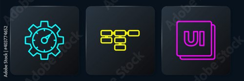 Set line Website statistic, UI or UX design and Site map. Black square button. Vector.