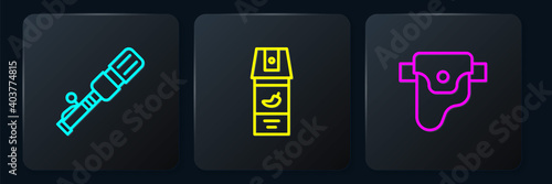 Set line Anti-tank hand grenade, Gun in holster and Pepper spray. Black square button. Vector.