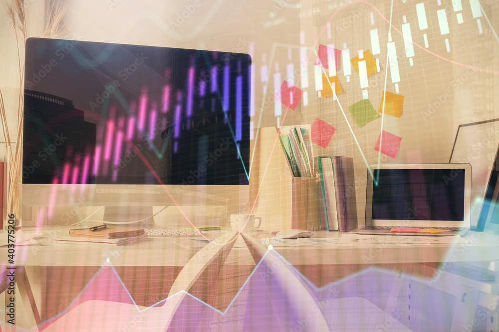 Double exposure of financial graph drawing and office interior background. Concept of stock market. Double exposure of financial graph drawing and office interior background. Concept of stock market.