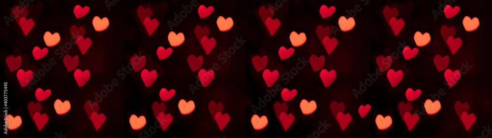 Hearts abstract background in red  pink colors, isolated on black texture - Happy Valentine's Day Banner panorama - Hearts bokeh / Love pattern