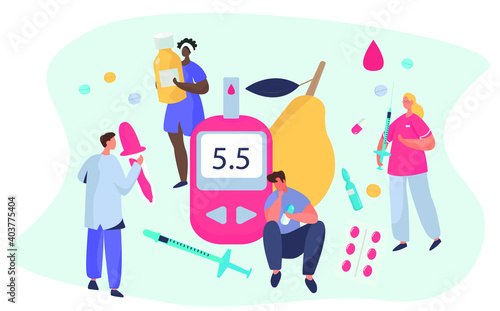 Doctor Giving Consultation to Diabetes Mellitus and Measuring Sugar with Meter Strip.Control Blood Glucose Level.Insulin Production.Diabetic Blood Glucose Level Test.Flat Vector Illustration