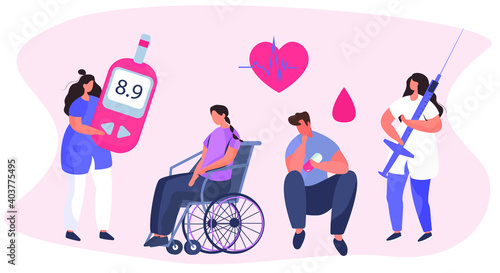 Doctor Giving Consultation to Diabetes Mellitus and Measuring Sugar with Meter Strip.Control Blood Glucose Level.Insulin Production.Diabetic Blood Glucose Level Test.Flat Vector Illustration