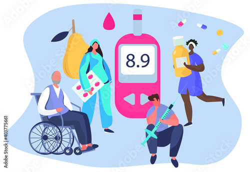 Doctor Giving Consultation to Diabetes Mellitus and Measuring Sugar with Meter Strip.Control Blood Glucose Level.Insulin Production.Diabetic Blood Glucose Level Test.Flat Vector Illustration