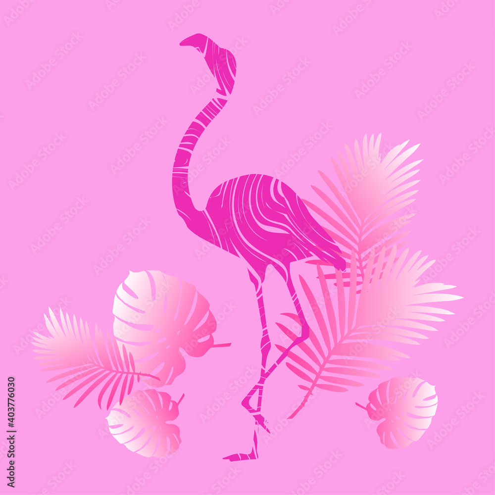 Flamingo on a pink background standing on tropical leaves. African and Asian bird. Vector illustration for web design or print. Flamingo on a pink background standing on tropical leaves. African and Asian bird. Vector illustration for web design or print.