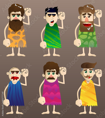 Cartoon prehistoric man making power to the people fist gesture. Vector illustration of a man from the stone age.