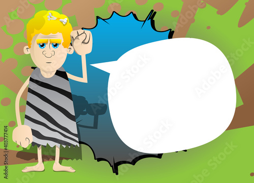 Cartoon prehistoric man making power to the people fist gesture. Vector illustration of a man from the stone age.
