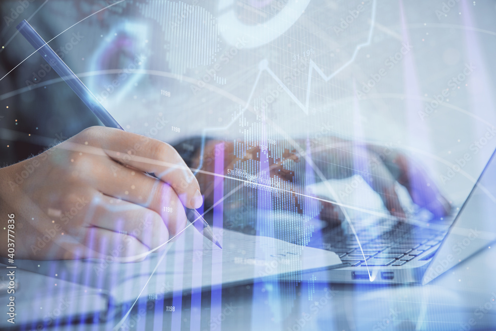 Double exposure of businesswoman hands typing on computer and forex chart hologram drawing. Financial analysis concept. Double exposure of businesswoman hands typing on computer and forex chart hologram drawing. Financial analysis concept.