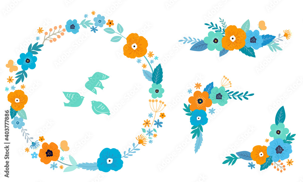 花と葉の装飾フレームセット　手描きテイスト