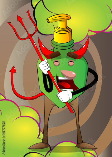 Cartoon bottle of hand sanitizer gel for hygiene with face as a devil with pitchfork.