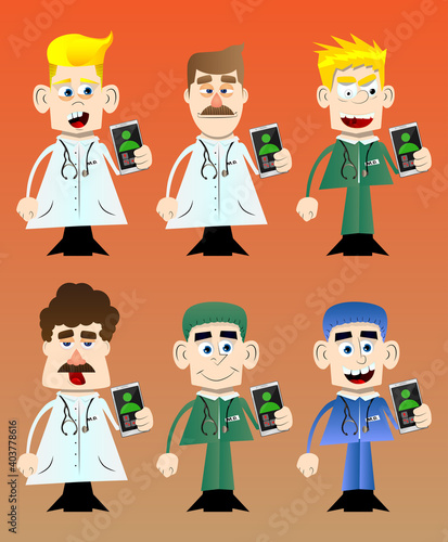 Funny cartoon doctor holding a cell phone in his hand. Vector illustration.