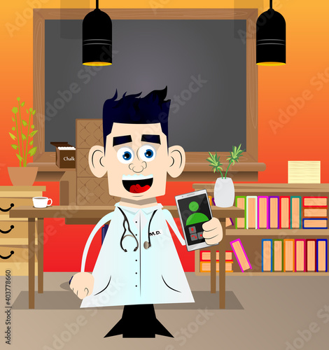 Funny cartoon doctor holding a cell phone in his hand. Vector illustration.