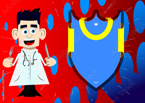 Funny cartoon doctor holding up a knife and fork. Vector illustration.