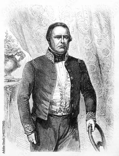 Engraved portrait posing in uniform of Justo Jos� de Urquiza y Garcia (1801-1870), Argentine general, politician and statesman. Ancient grey tone etching style art by Hadamard, Le Tour du Monde, 1861 photo
