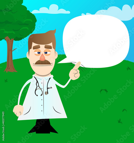 Funny cartoon doctor saying no with his finger. Vector illustration.