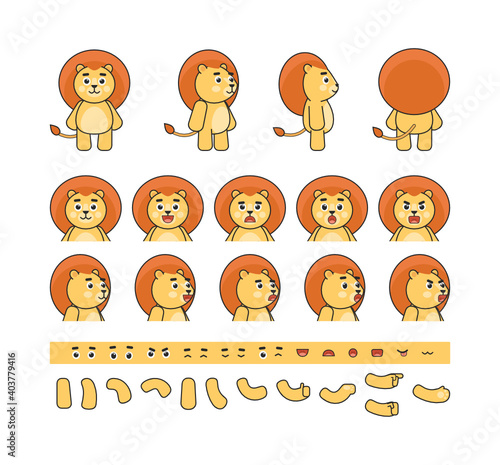 Cartoon cute lion character creation kit. Create your own pose, action, animation. Vector illustration