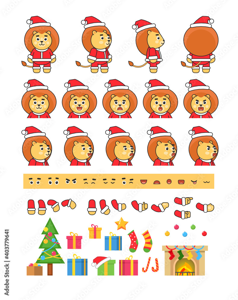 Lion in Santa Claus outift creation set, various Christmas design elements. Vector illustration bundle