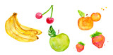 Watercolor horizontal illustration Mix fruit wellness with banana, cherry, apricot, strawberry and green apple watercolor white background
