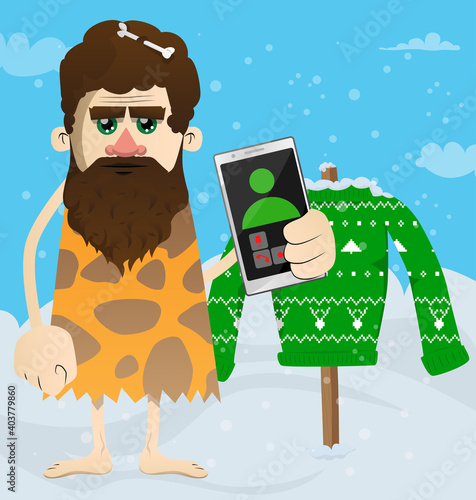 Cartoon man from prehistoric era holding a cell phone in his hand. Vector illustration of a man from the stone age.