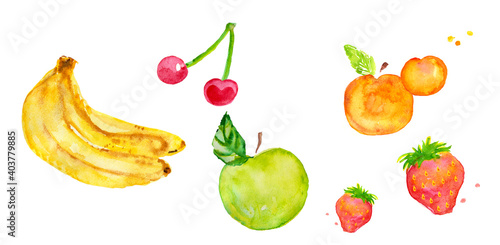 Watercolor horizontal illustration Mix fruit wellness with banana  cherry  apricot  strawberry and green apple watercolor white background 