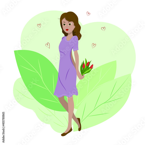 Image of a young girl with long hair in a lilac dress and with a bouquet of flowers. Illustration for Valentine's Day. The concept of love, romance, youth and health. Vector illustration in flat style