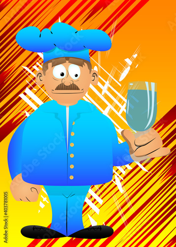 Fat male cartoon chef in uniform with a glass of water. Vector illustration.
