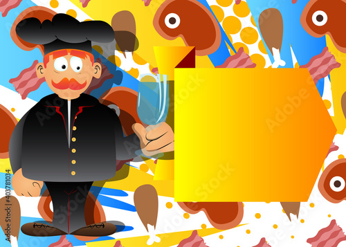 Fat male cartoon chef in uniform with a glass of water. Vector illustration.