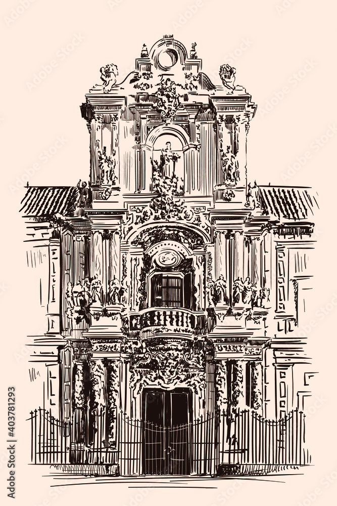Hand sketch of a building facade in the classic Rococo style. Front entrance.