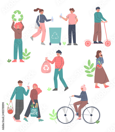 People Caring about Environment and Ecology Set, Men and Women Gathering Garbage for Recycling, Using Eco Bags and Eco Friendly Transport Cartoon Style Vector Illustration