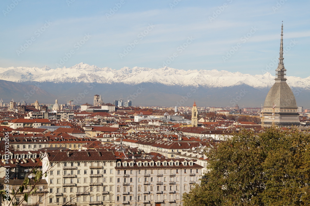 Turin: panoramic view of the city, the Mole Antonelliana Tower and the Alps