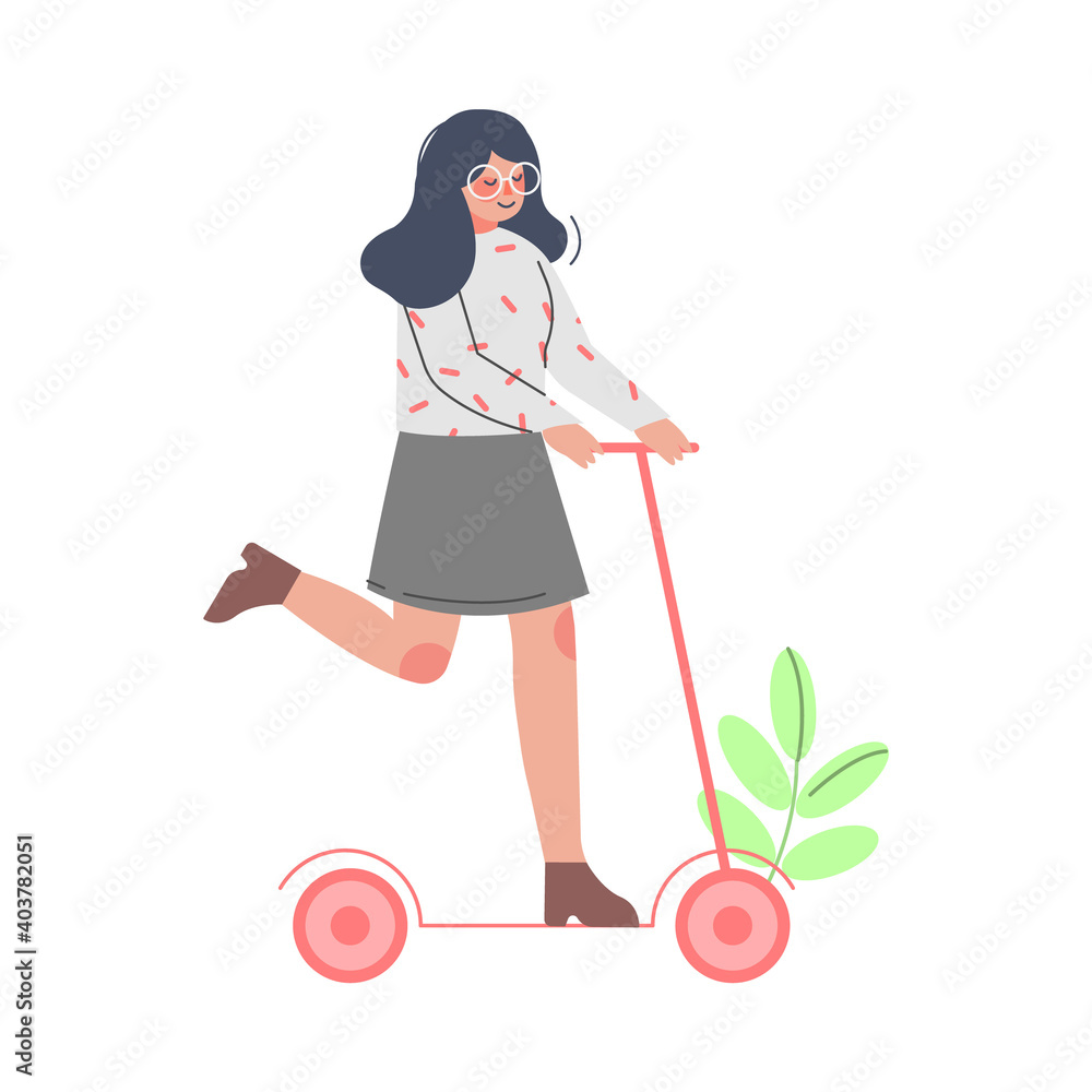 Young Woman Riding Kick Scooter, Girl Using Eco Friendly Transport Cartoon Style Vector Illustration Young Woman Riding Kick Scooter, Girl Using Eco Friendly Transport Cartoon Style Vector Illustration
