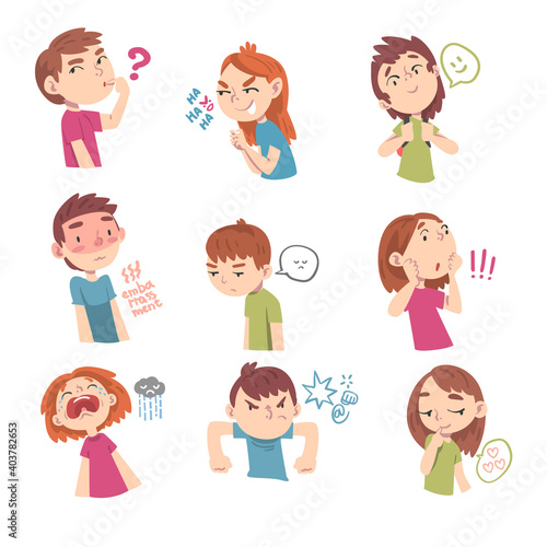 Cute Children with Different Facial Expressions Set, Boys and Girls Showing Positive and Negative Emotions Cartoon Style Vector Illustration