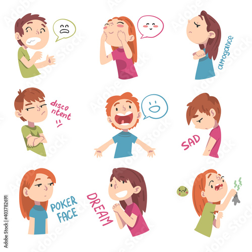 Children with Different Facial Expressions Set, Boys and Girls Showing Various Emotions Cartoon Style Vector Illustration