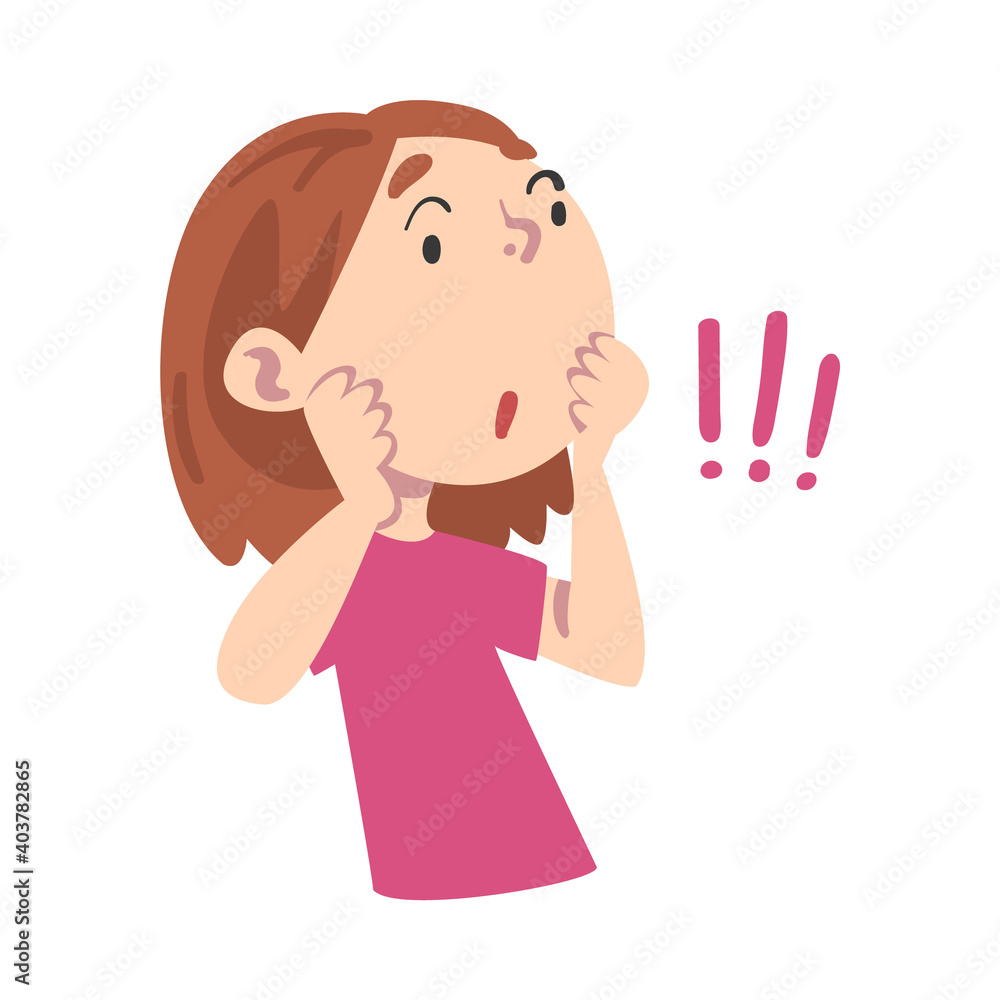 Cute Girl with Surprised Facial Expression, Kid with Exclamation Mark Cartoon Style Vector Illustration Cute Girl with Surprised Facial Expression, Kid with Exclamation Mark Cartoon Style Vector Illustration