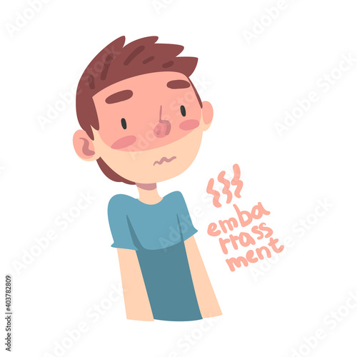 Cute Boy Feeling Embarrassment, Child Feelings and Emotions Cartoon Style Vector Illustration