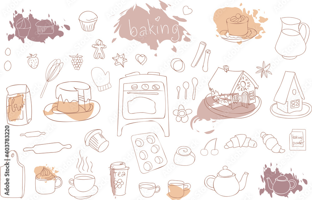 doodle baking set. Vector sketches of oven, gingerbread houses, cookies, muffins, cakes, cookie cutters, baking ingredients and kitchen utensils
