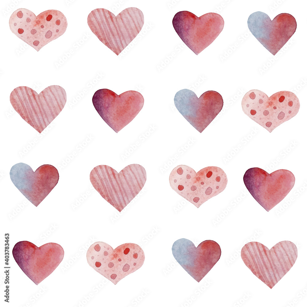 Watercolor seamless pattern valentine's day. Hand-drawn watercolor hearts are a symbol of love. Postcard for February 14 Valentine's Day. Watercolor illustration for the holiday of lovers.