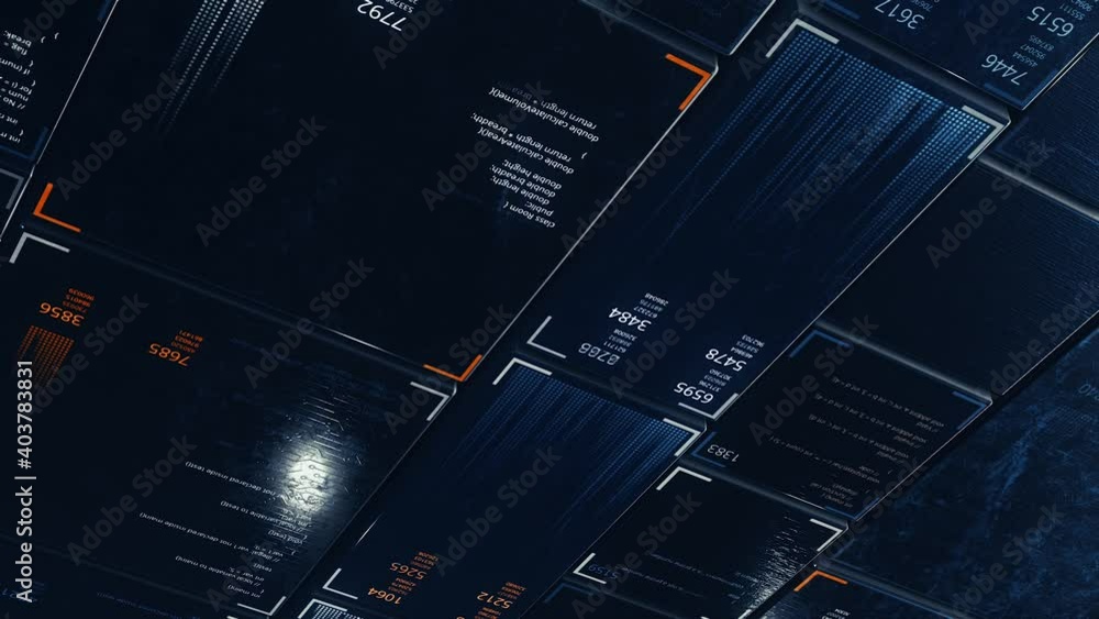 Blocks of program code flying in virtual space divided into different ...