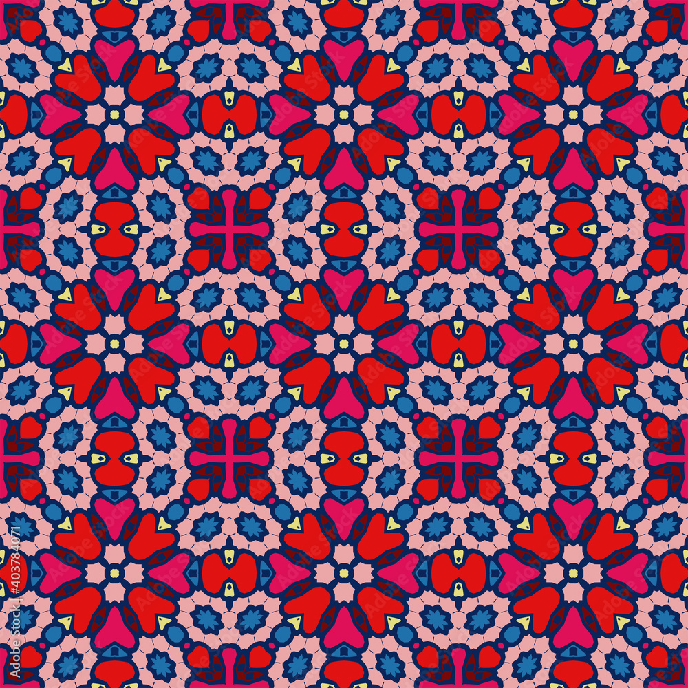 Trendy bright color seamless pattern in red pink blue  for decoration, paper, tiles, textiles, carpet, pillows. Home decor, interior design, cloth design.