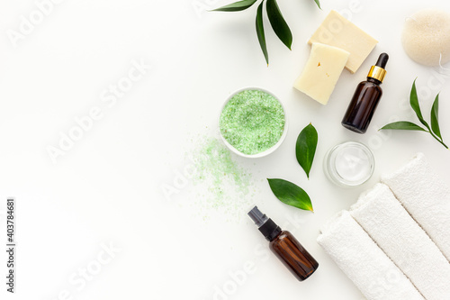 Organic cosmetic set with tea olive leaves and sea salt