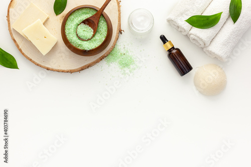 Organic cosmetic set with tea olive leaves and sea salt