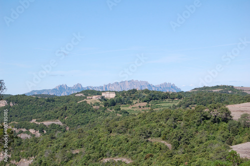Panorama of the mountains and forests of La Mola, in Catalonia. View of Montserrat. Catalunya, Bages, Barcelona.
