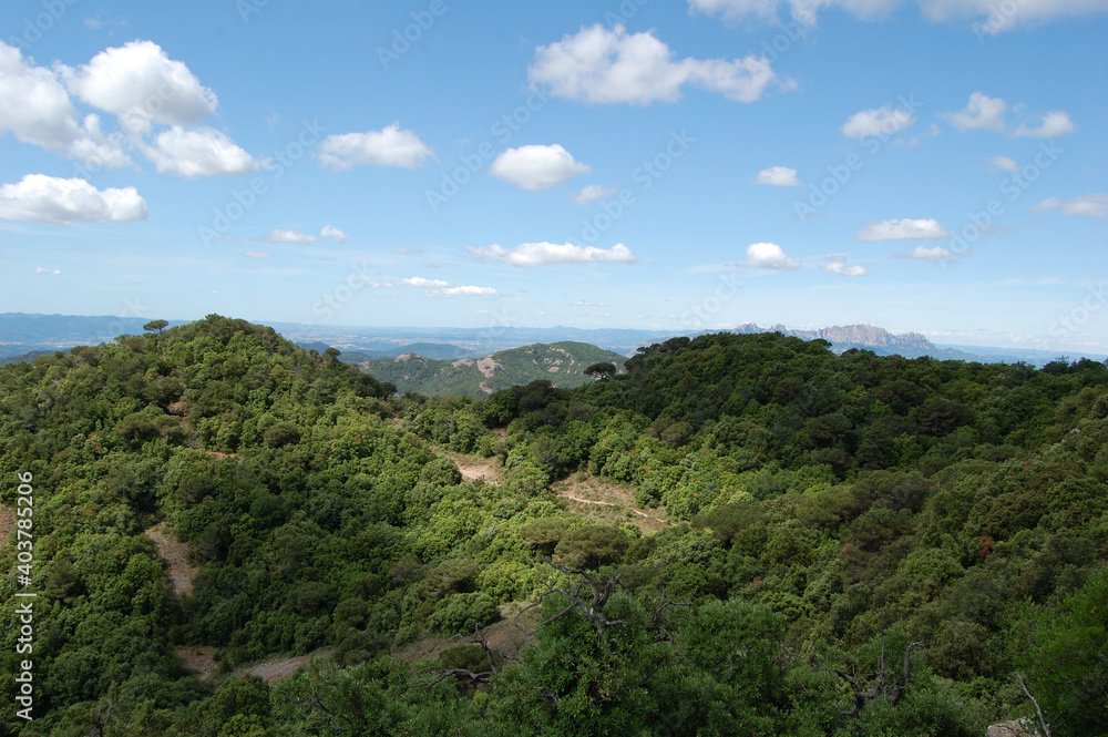 Panorama of the mountains and forests of La Mola, in Catalonia. Catalunya, Bages, Barcelona.

