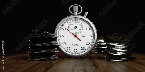 Time is money, deposit, nflation and growth of investments fianacial concept. Stack of gold coins with stopwatch on black background. 3d render. Bitcoin photo