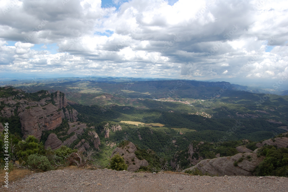 Fototapeta premium Panorama of the mountains and forests of La Mola, in Catalonia. Catalunya, Bages, Barcelona. 