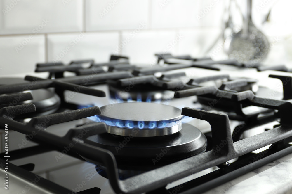 Closeup shot of blue fire from domestic kitchen stove top. Gas cooker with burning flames of propane gas. Industrial resources and economy concept. Closeup shot of blue fire from domestic kitchen stove top. Gas cooker with burning flames of propane gas. Industrial resources and economy concept.