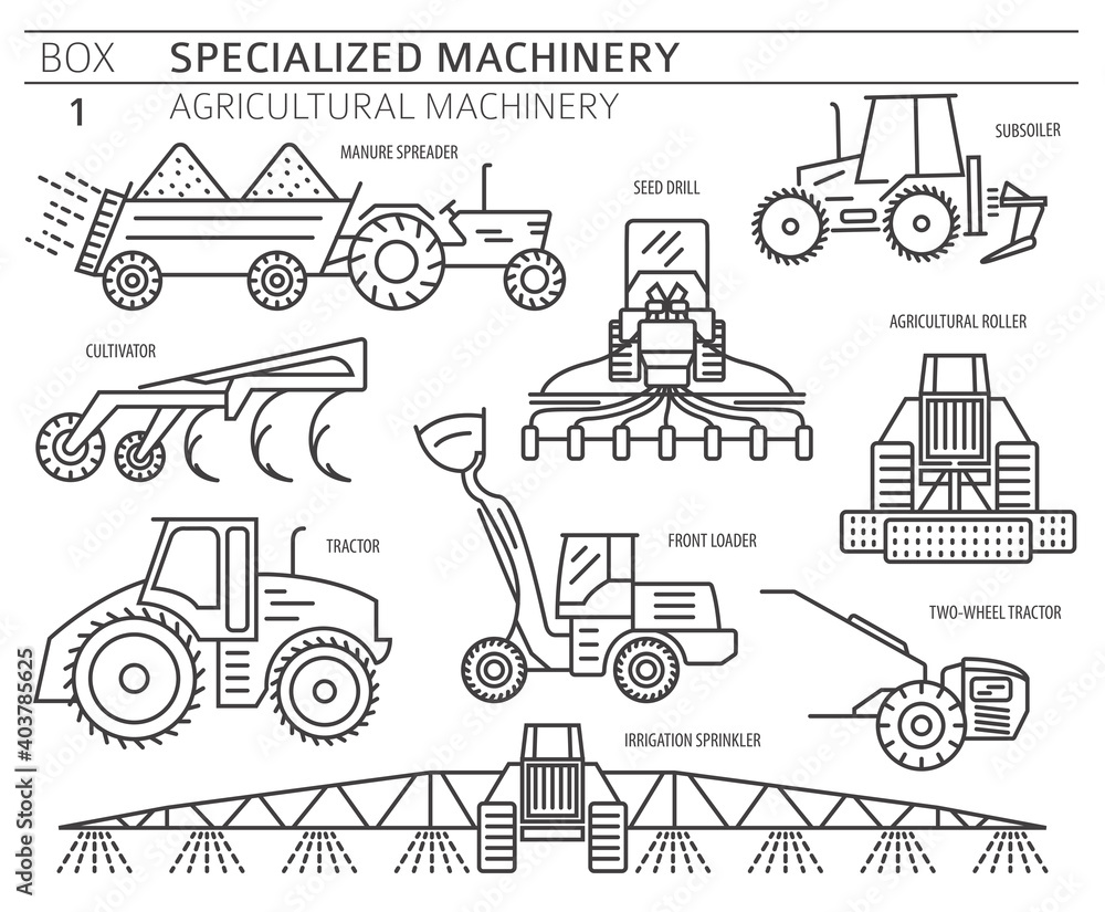 Fototapeta premium Special agricultural machinery linear vector icon set isolated on white