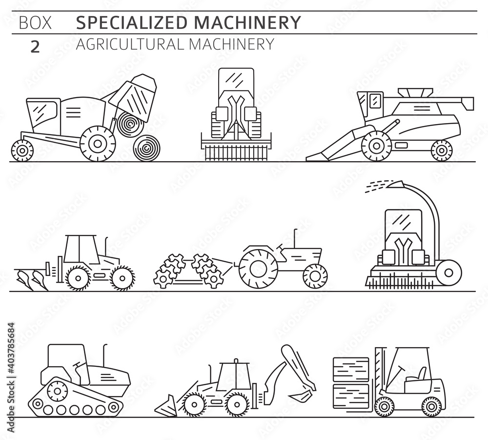 Special agricultural machinery linear vector icon set isolated on white - obrazy, fototapety, plakaty 