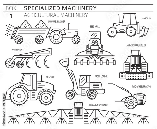 Special agricultural machinery linear vector icon set isolated on white