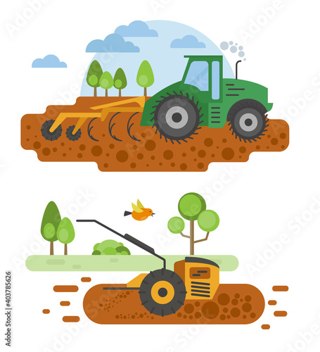 Agricultural machinery vector icon set isolated on white scene. Farming, harvesting, gardening. Illustration vector design