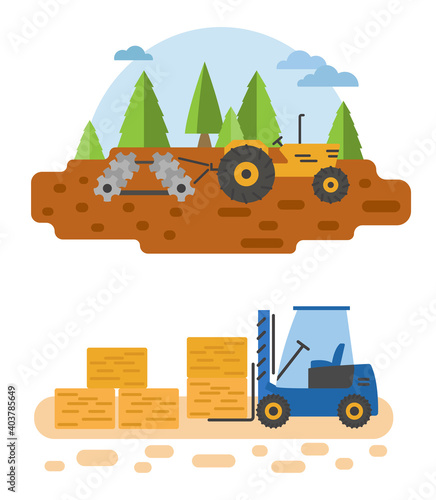 Agricultural machinery vector icon set isolated on white scene. Farming, harvesting, gardening. Illustration vector design